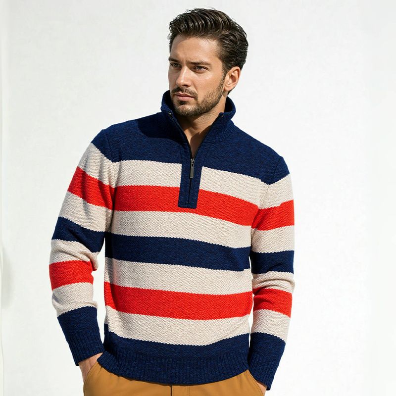 Maglione casual da uomo a righe, foderato in pile, con mezza zip, nuovo arrivo autunno/inverno_voghion.com