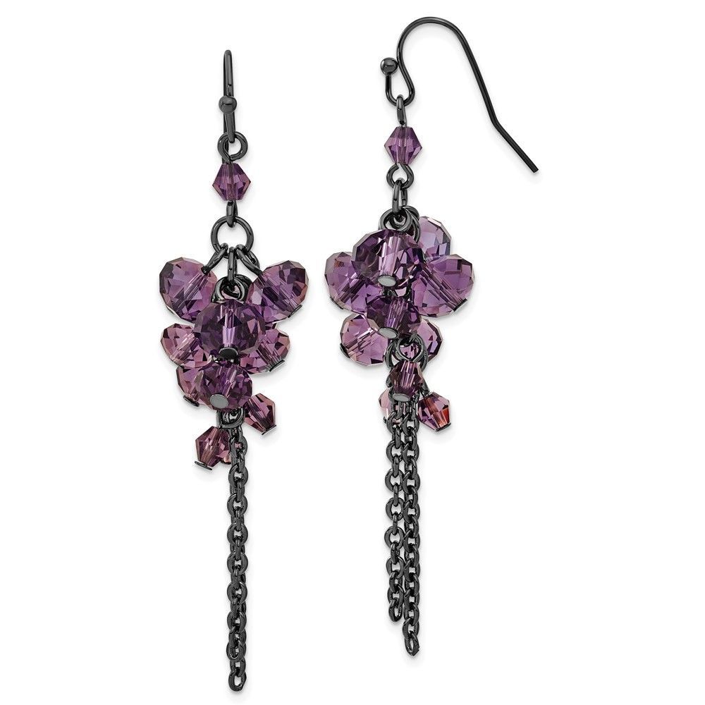 1928 Jewelry Black-plated Smokey Purple Glass Faceted Beads Cluster Dangle Earrings_voghion.com