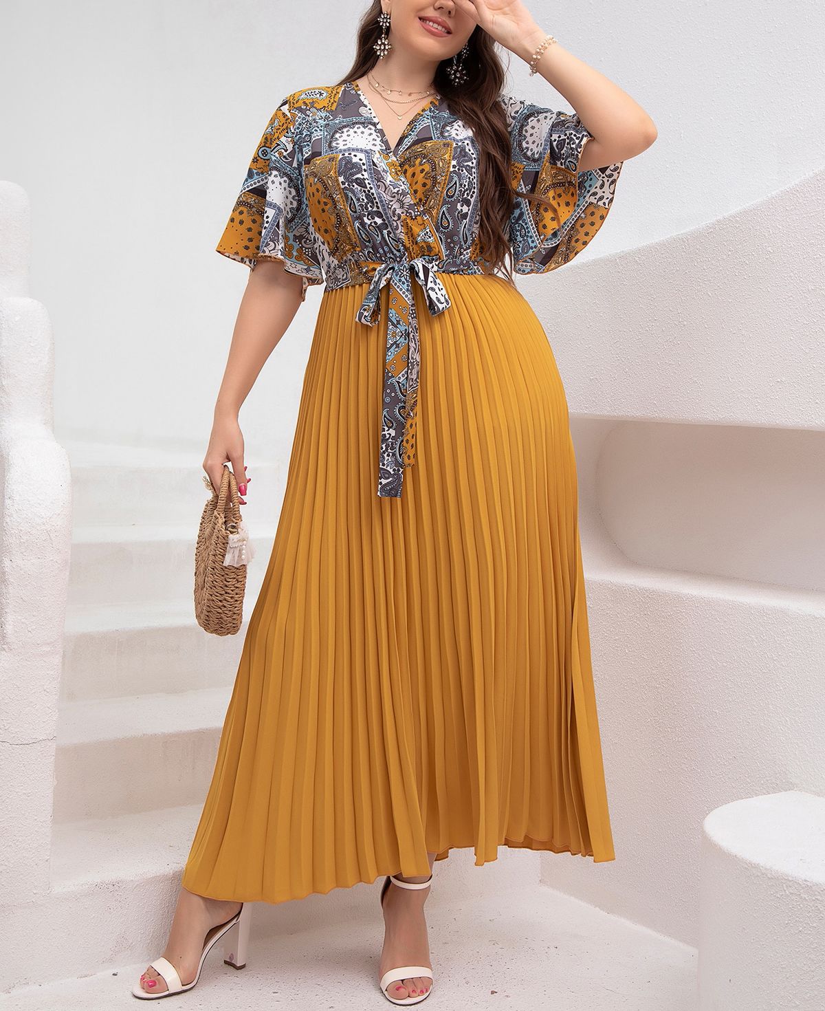 Nuevo vestido de moda para mujer: elegante vestido largo estampado con cuello en V y cinturón, vestido fluido de talla grande para oficina y uso informal._voghion.com