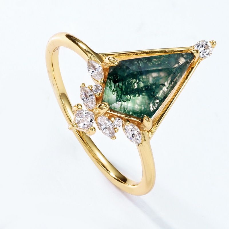 Anello combinato in agata naturale con erba d'acqua, da donna, in argento S925, geometrico, con pietra di muschio verde, leggero e di lusso_voghion.com