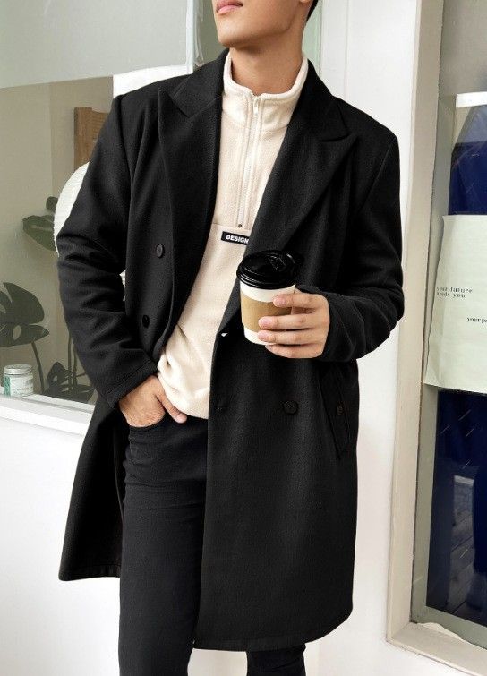 Abrigo cruzado de lana holgado de longitud media para hombre_voghion.com