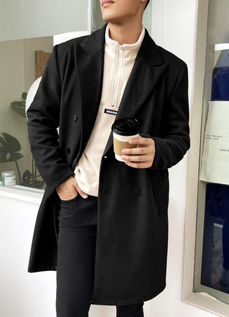 Men's Clothing Fashion Loose Woolen Medium Length Double Breasted Coat_voghion.com