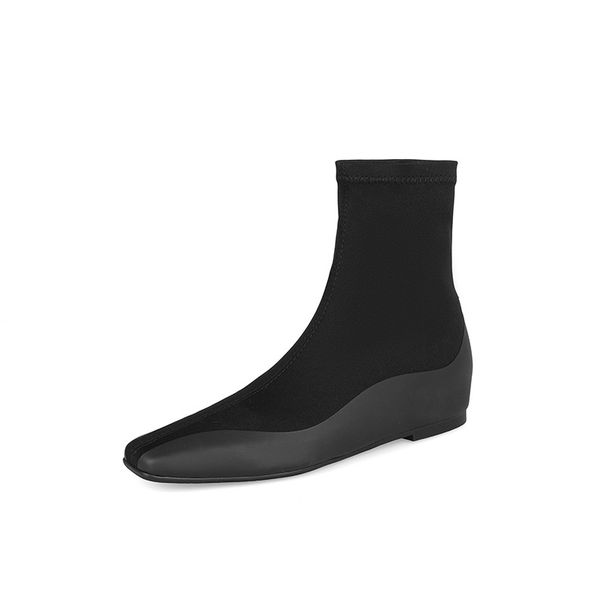 Stivali lunghi piatti con punta quadrata, elastici, versatili e minimalisti, con tacco nascosto, autunno 2024_voghion.com