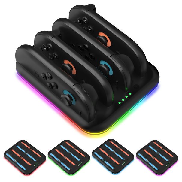 Switch 2 Station Joycon Controller Horizontaal Dock met RGB-kleurrijke verlichting Vier dockingstations Snel opladen_voghion.com