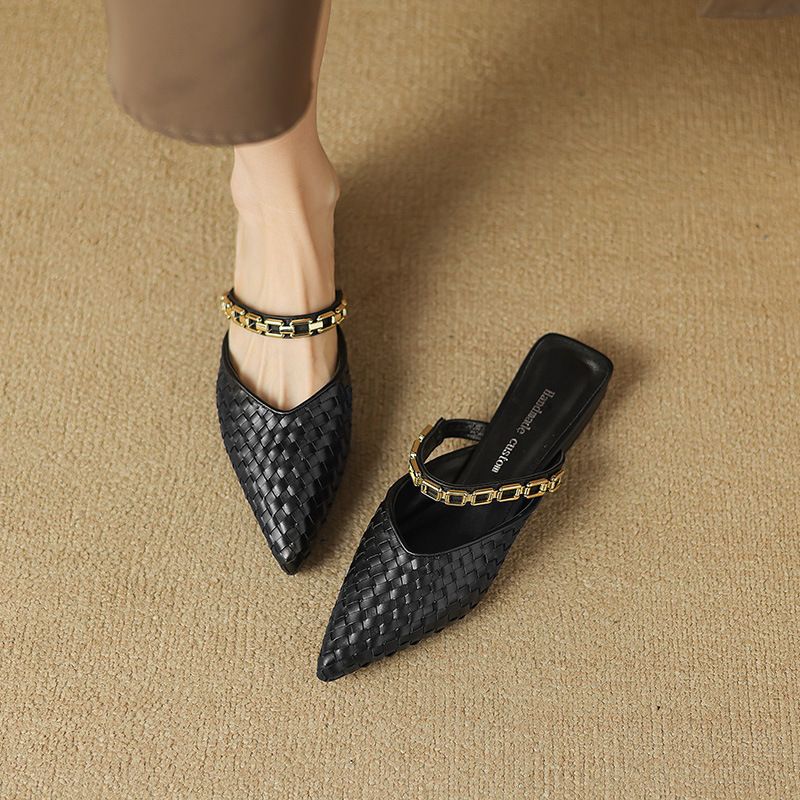 Retro Bag Head Flat Bottom Half Slippers Women's Summer Wear Metal Chain Cool Slippers Pointed Low Heel_voghion.com