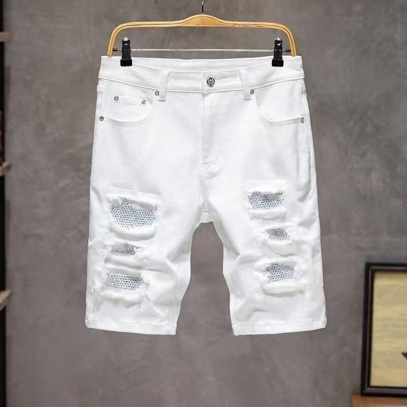 Abbigliamento da uomo P Nuovi pantaloncini in denim da uomo aderenti, elastici, di grandi dimensioni, strappati e tinta unita_voghion.com