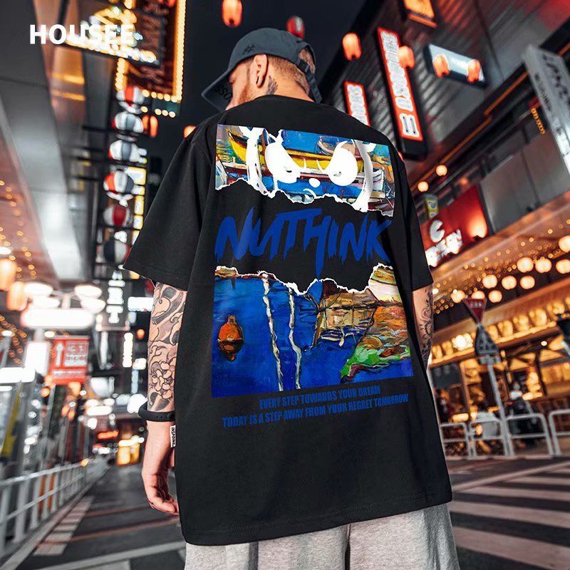 C&J Graffiti Speckle Ink Cartoon Print Oversize Short Sleeve T-shirt Fashion Couple Summer Half Sleeve Large Men_voghion.com