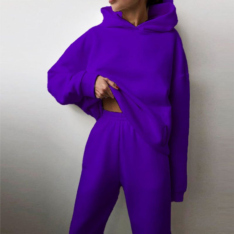 New women's autumn hoodie set solid color casual fashion sports pants two-piece set_voghion.com