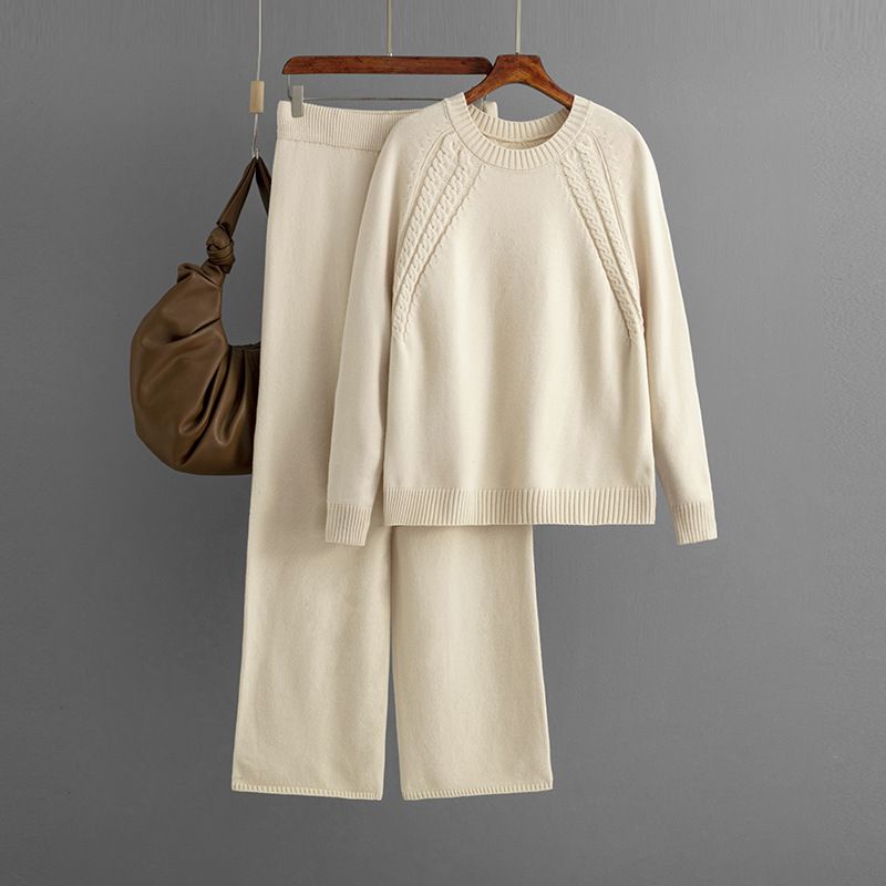 Frauen mode lässig einfarbig stricken anzug frauen lose pullover weite bein hosen zwei-stück set_voghion.com
