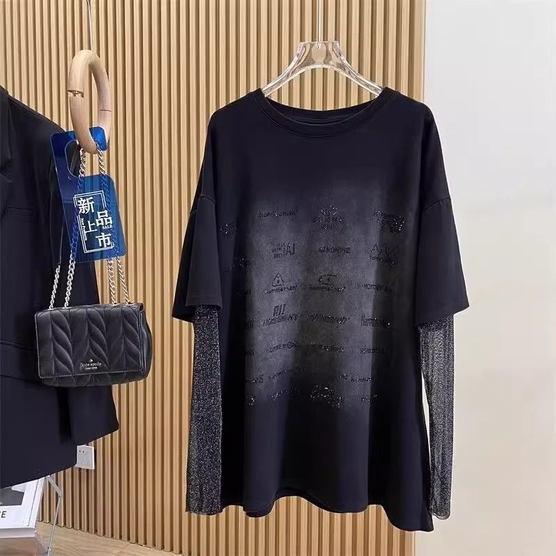 Ropa de mujer versión grande pesada de dos piezas mangas de seda plateadas desgastadas Camiseta de manga larga top de diseño femenino_voghion.com