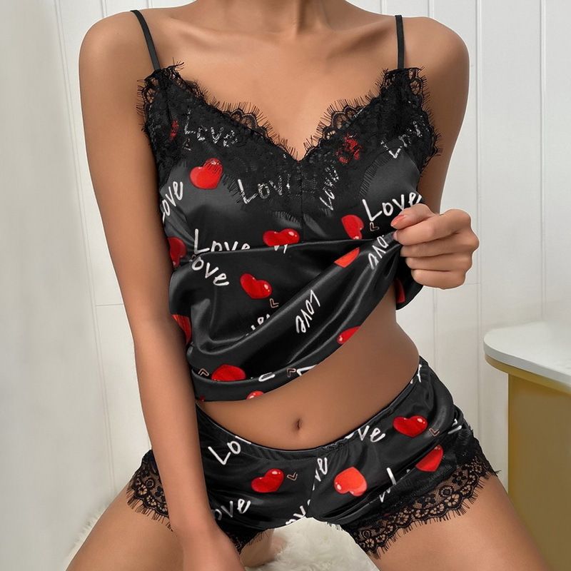 Nachtwäsche für Damen Sexy Pyjama für Damen, Versuchung, bedruckt, tiefer V-Ausschnitt, Spitzen-Hosenträgerrock, Shorts, Homewear-Anzug_voghion.com