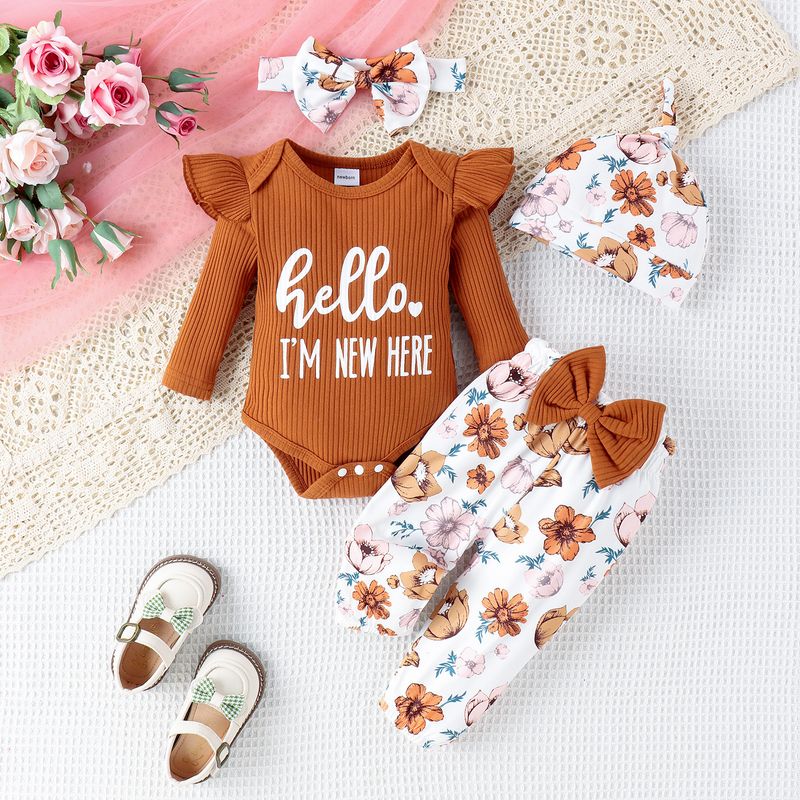 Nuevo conjunto de cuatro piezas con estampado de letras a rayas de color para niña de otoño e invierno + pantalones largos con sombrero_voghion.com