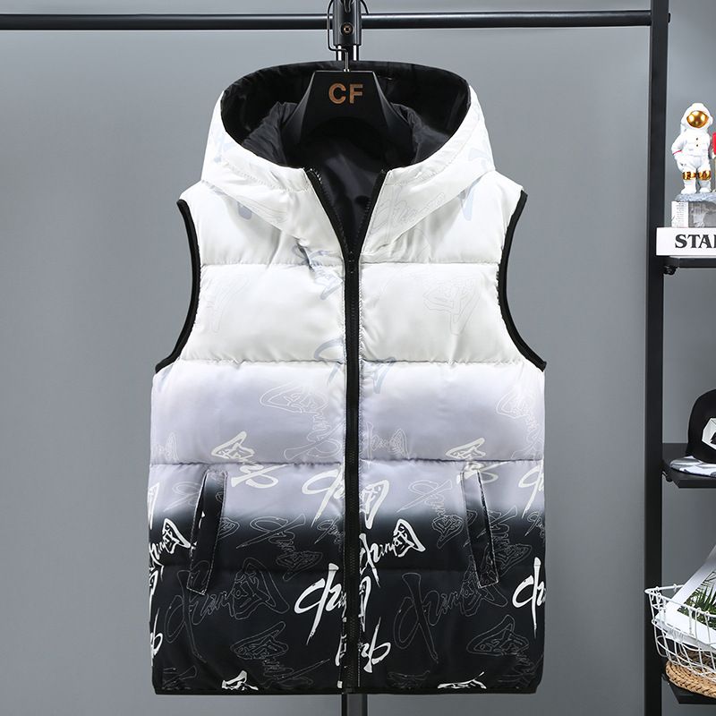 Men's  Autumn and winter new down cotton vest men's loose large size two-sided wearing hooded printed vest outer wearing vest shoulder vest_voghion.com