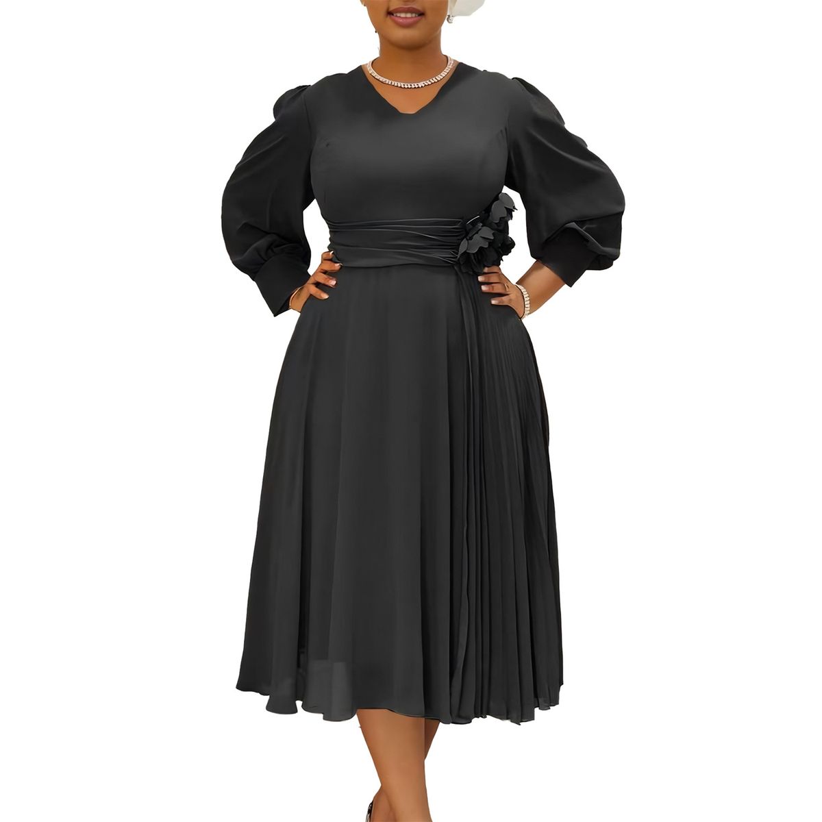 Abito da donna elegante, alla moda, con gonna a trapezio, in tinta unita, di grandi dimensioni_voghion.com