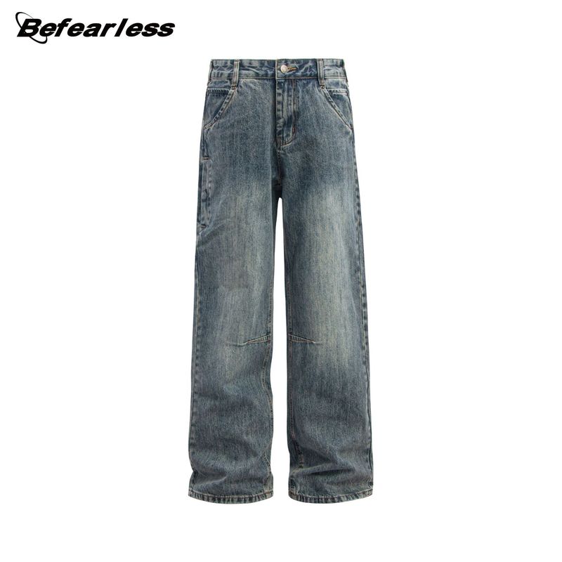 Herreklær Retro Vasket Gamle Løse Rette Jeans Herrer og Damer Trendy Vide Ben Avslappet Baggy Parbukser_voghion.com