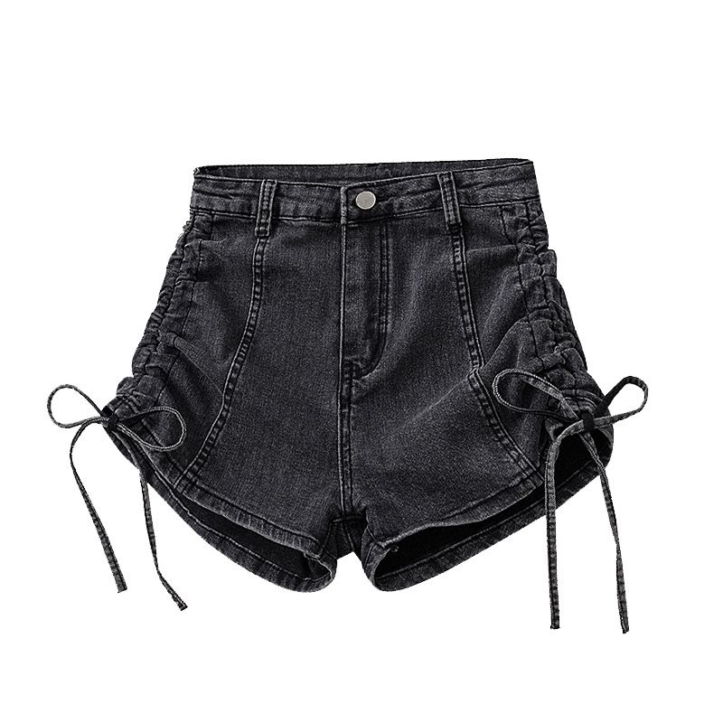 Short en jean élastique taille haute avec cordon de serrage pour femme, pantalon chaud d'été fin, droit, polyvalent, coupe slim, jambe large_voghion.com