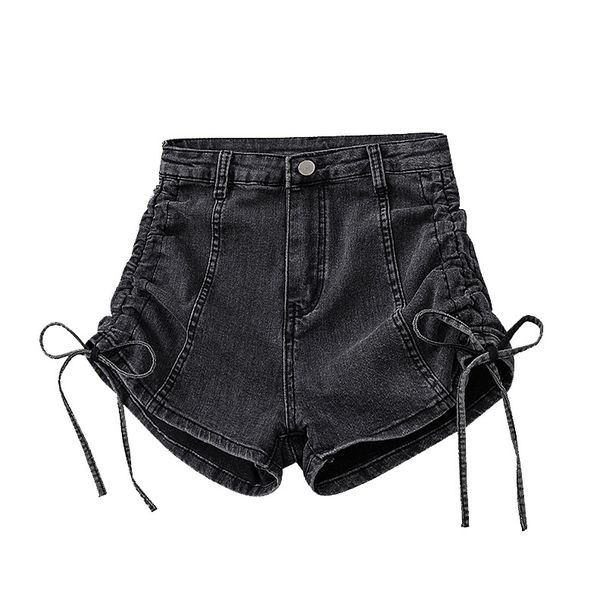 Short en jean élastique taille haute avec cordon de serrage pour femme, pantalon chaud d'été fin, droit, polyvalent, coupe slim, jambe large_voghion.com