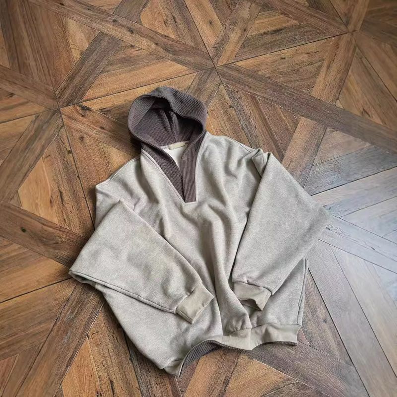 Sweat-shirt gris Cleanfit pour homme, veste ample et décontractée à capuche, design de couture en laine pour automne et hiver_voghion.com
