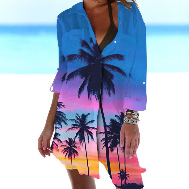 women's clothing bikini jacket shirt swimsuit cardigan beach coconut tree print holiday beach coverup_voghion.com