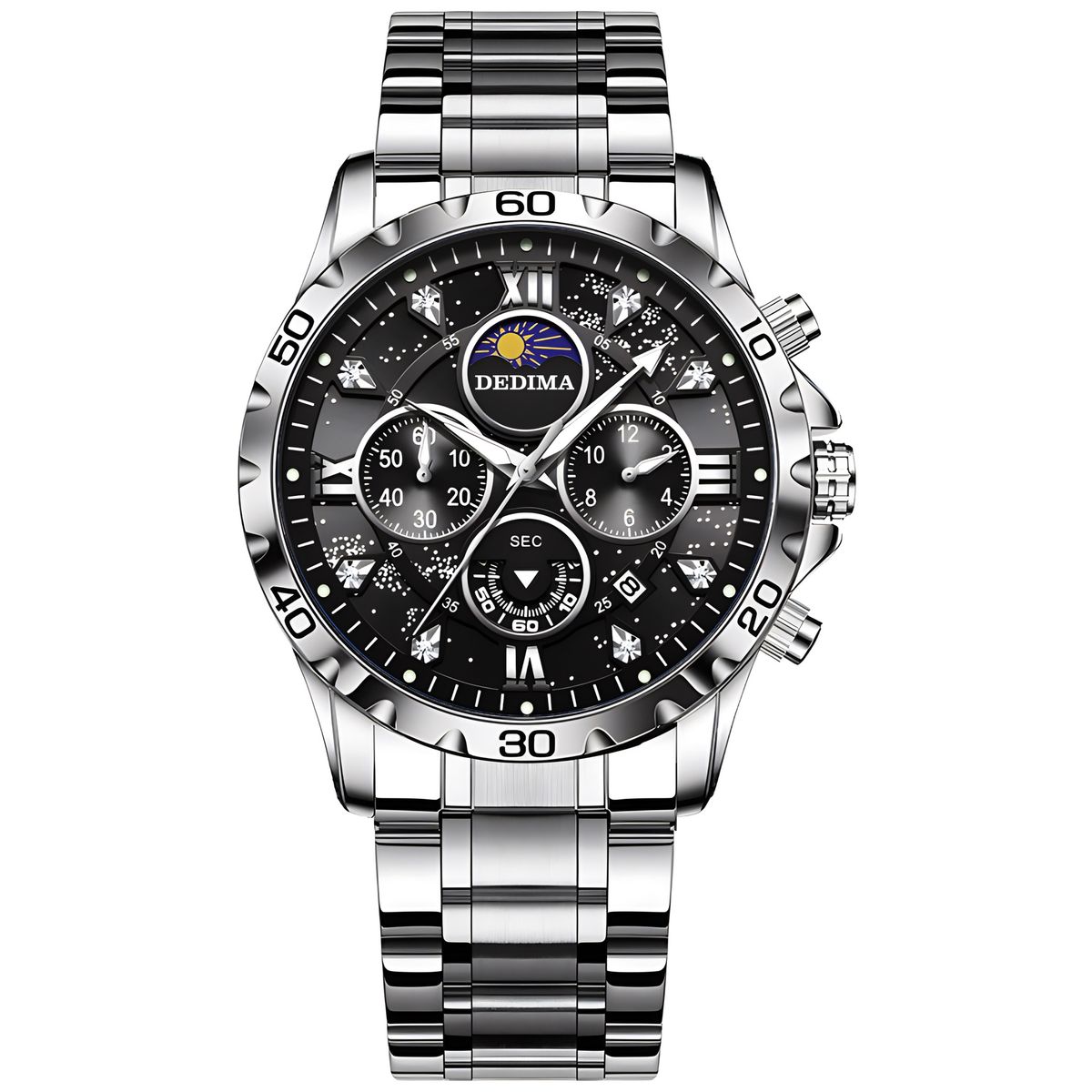 Moda ve Şık Erkek Çelik Şerit Gece Lambası Su Geçirmez Dört Göz Altı İğne Yıldızlı Deniz Çok Fonksiyonlu Saat Kelebek Tokalı Sınır Ötesi_voghion.com