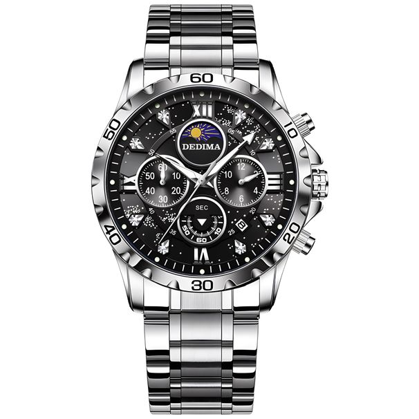 Moda ve Şık Erkek Çelik Şerit Gece Lambası Su Geçirmez Dört Göz Altı İğne Yıldızlı Deniz Çok Fonksiyonlu Saat Kelebek Tokalı Sınır Ötesi_voghion.com