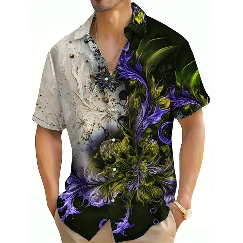 Sommerurlaub Retro-Blumenmuster 3D-gedrucktes Colorblock-Kurzarmhemd für Herren im Hawaii-Stil Übergroße Oberteile_voghion.com