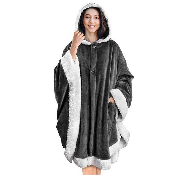 Autumn Winter Women's Cotton Coat Hooded Cape Leopard Print Double-Sided Flannel Double Pocket Soft Plush Shawl_voghion.com