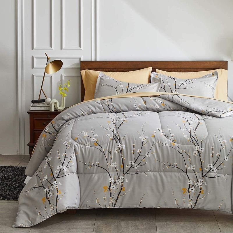 Ensemble de courtepointe gris fleur de prunier Fat Quilt Core courtepointe en fibre chimique Ensemble de courtepointe trois pièces_voghion.com