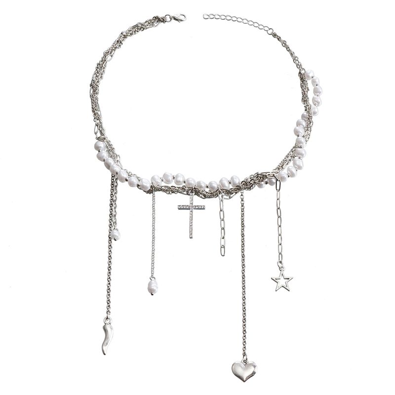 European And American Cross Border Jewelry Niche Design Pearl Star Tassel Necklace High End Light Luxury Style Cross Necklace_voghion.com