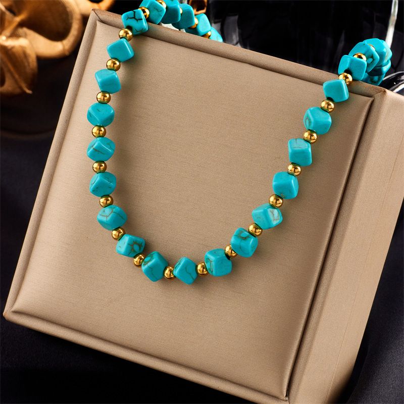 European and American cross-border new creative personality retro niche design turquoise titanium steel beaded woven necklace_voghion.com