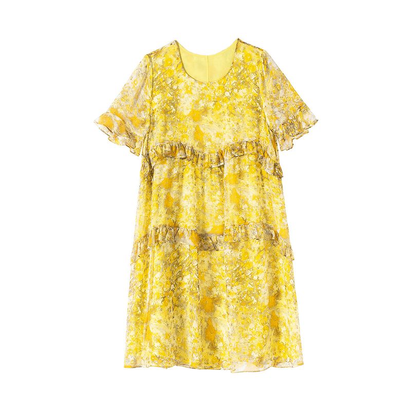 Robe courte ample en soie de mûrier jaune imprimée pour femme grande taille 69281 Dopamine Dressing_voghion.com