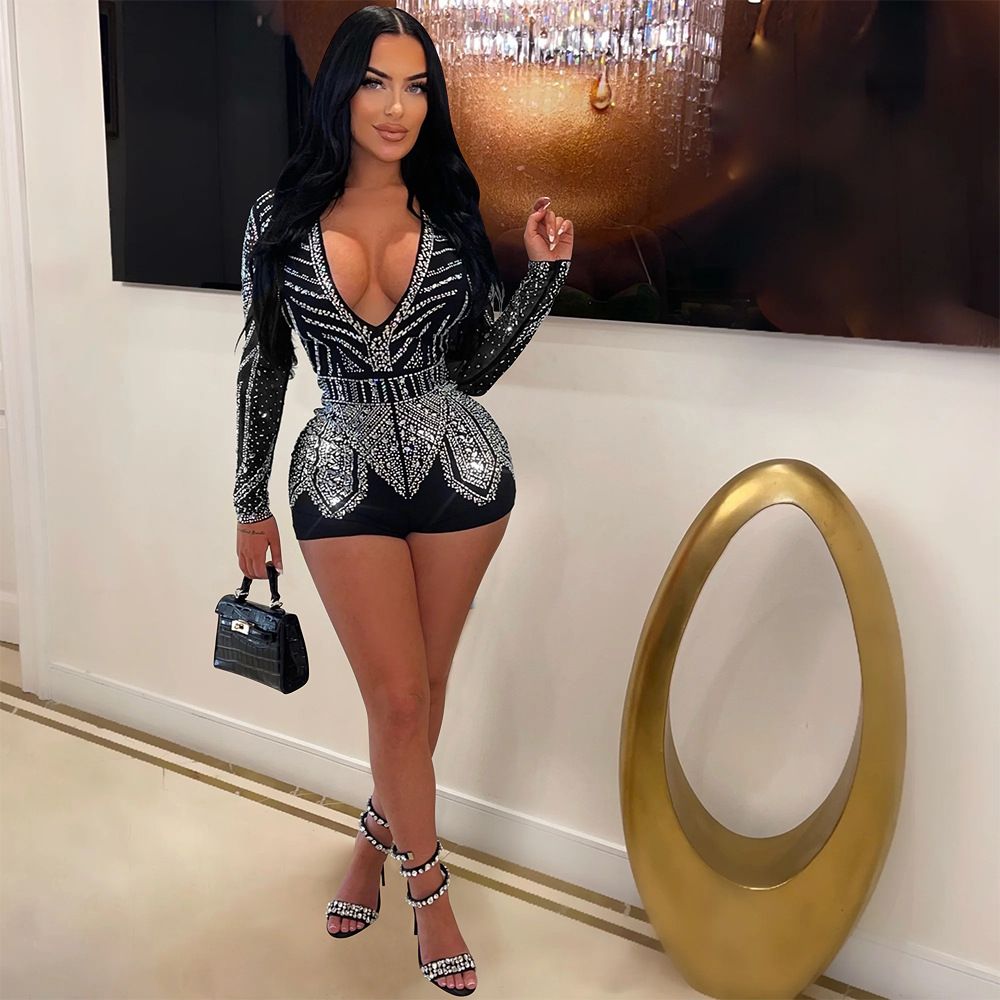 Women's clothing polyester mesh long-sleeved patchwork slim fit jumpsuit Fashionable European and American clothing_voghion.com