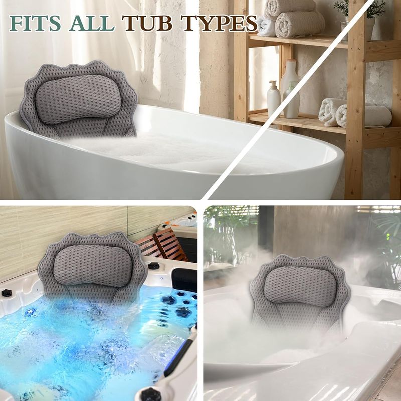 TÜV Certified 4D Ergonomic Bath Pillow, 6 Super-Suction Cups, Waterproof & Machine Washable, Spa-Grade Neck Support_voghion.com