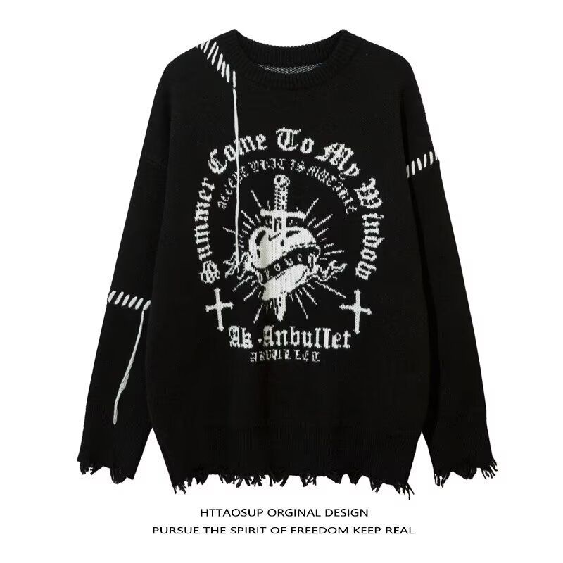 "Korean-Inspired Patterned Crewneck Sweater – Oversized Men's Pullover For Autumn & Winter (Grey/Black, Sizes M-3XL)"_voghion.com