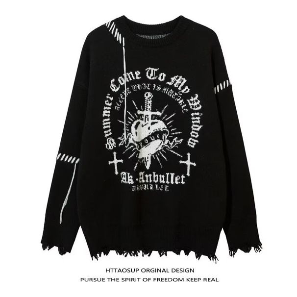 "Korean-Inspired Patterned Crewneck Sweater – Oversized Men's Pullover For Autumn & Winter (Grey/Black, Sizes M-3XL)"_voghion.com