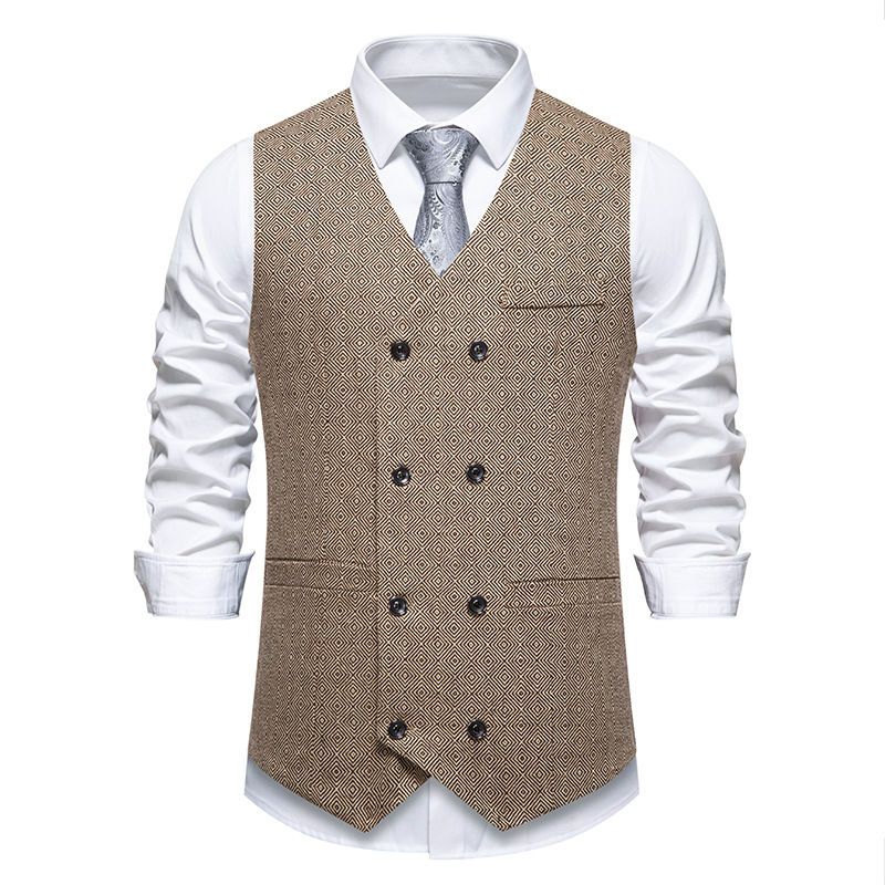2025 New Men's Herringbone Fabric Double-breasted Retro Lapel Suit Vest_voghion.com