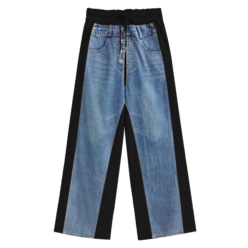 Damenbekleidung Temperament Denim Kontrastfarben Nähte Hohe Taille Weite Beinjeans Herbst Neuer Stil Modische Schlanke All-Match-Freizeithose_voghion.com