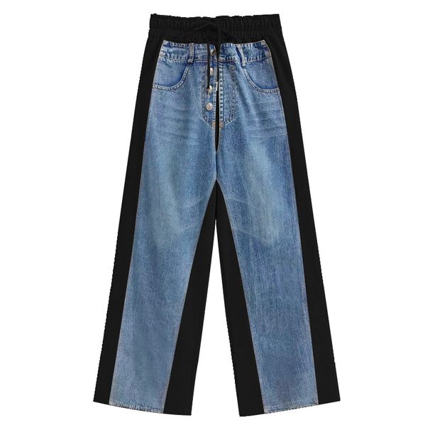 Damenbekleidung Temperament Denim Kontrastfarben Nähte Hohe Taille Weite Beinjeans Herbst Neuer Stil Modische Schlanke All-Match-Freizeithose_voghion.com