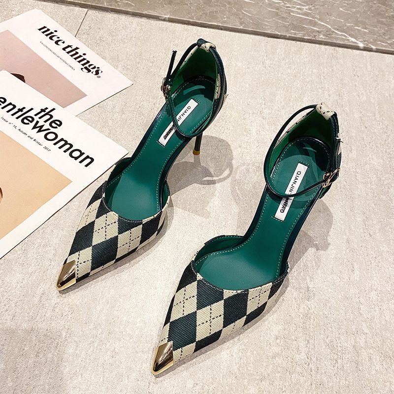 One line buckle high heels, spring and summer plaid pointed shallow mouthed sexy thin heel buckle hollow sandals_voghion.com