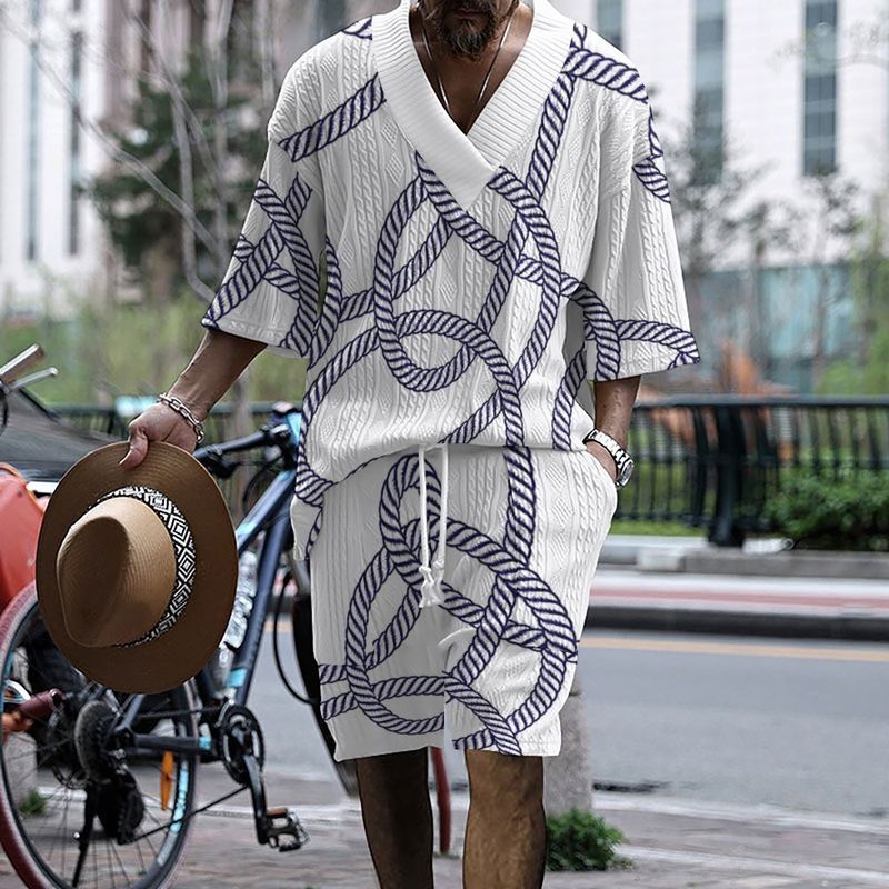 Men's Clothing heavy jacquard casual men's V neck dropped shoulder loose large version summer short sleeved shorts sports suit_voghion.com