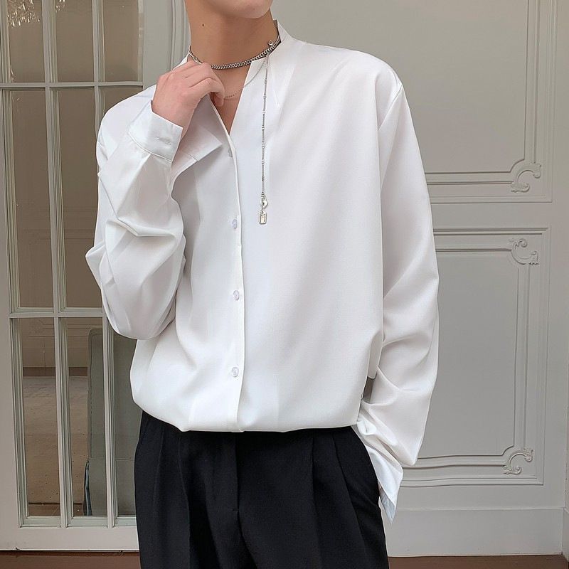 Herrenbekleidung Kragenloses Hemd Herren Langarm Drape Lazy Ins Casual Loose Shirt Trend_voghion.com