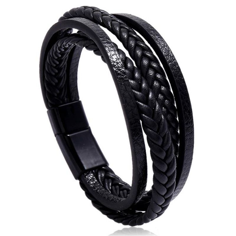 Hettsäljande smycken, enkelt vävt läderarmband för män i flera lager, nytt armband av kohud med magnetiskt spänne_voghion.com