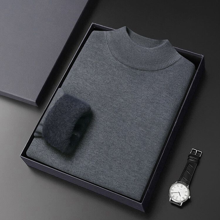 Herrenbekleidung Plüschiger und verdickter Wollpullover für Herren Winter-Halbrollkragenpullover einfacher und vielseitiger warmer, lässiger, einfarbiger Pullover für Herren_voghion.com