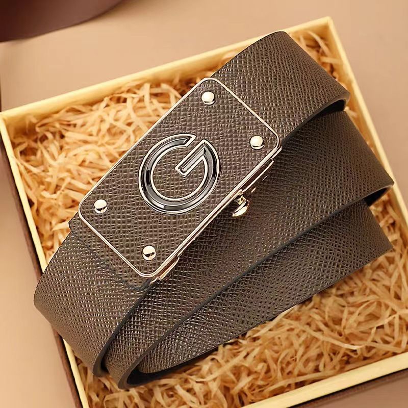New Fashionable Men's Toothless Automatic Buckle Cowhide Belt, Popular Casual and Trendy Belt for Middle Aged and Young People_voghion.com