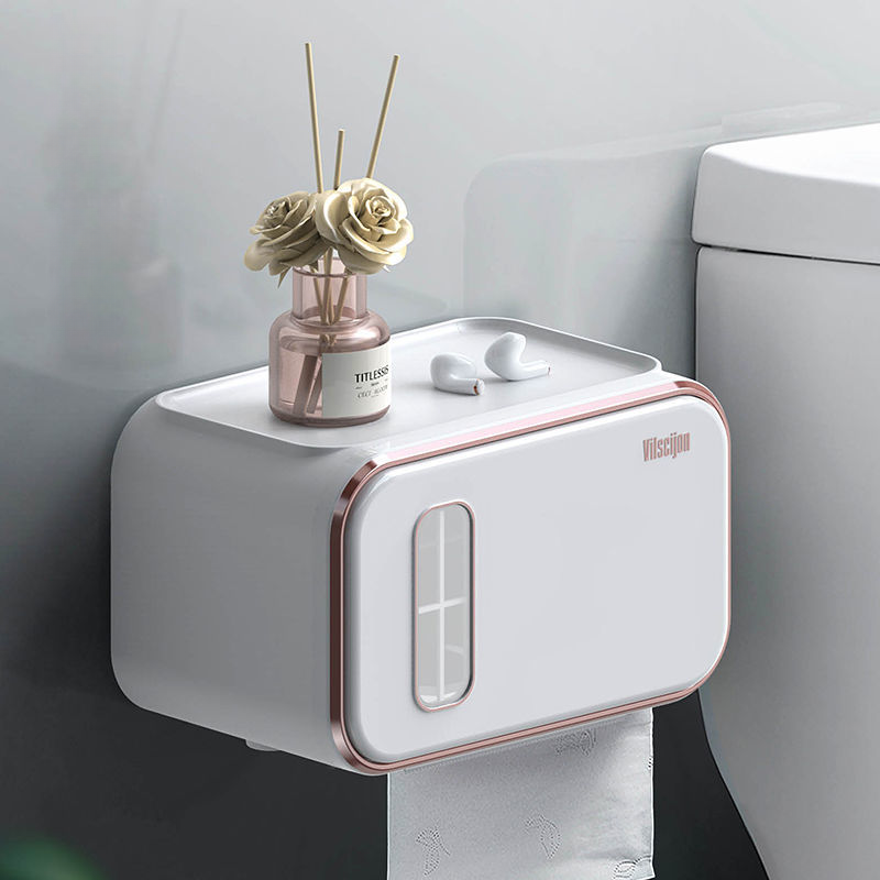 Bathroom Tissue Box Holder Wall-Mounted Waterproof No-Drill Toilet Paper Organizer_voghion.com