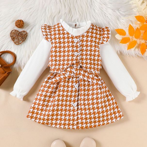 Completo mamma e bambini per bambine, 3 pezzi: top a maniche lunghe + gilet e gonna pied de poule (90-130 cm)_voghion.com
