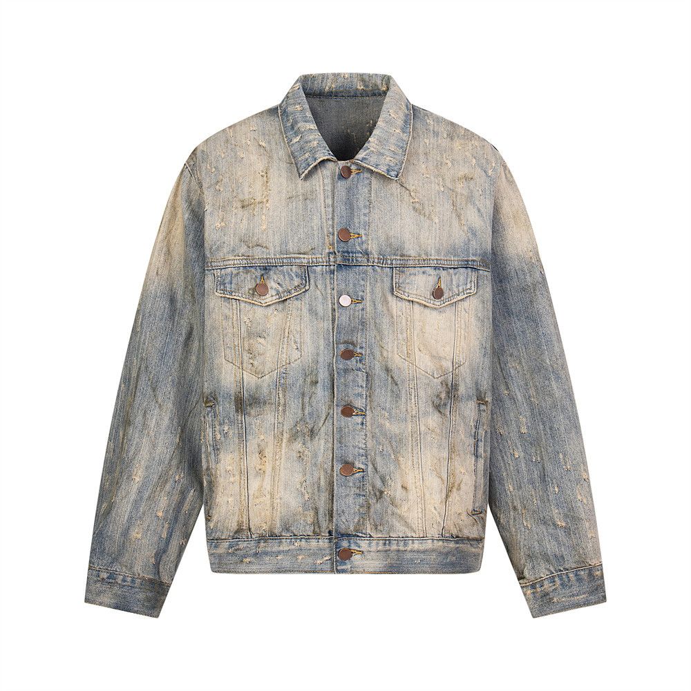 Heavy-Duty Distressed Rhinestone Denim Jacket Punk Wasteland Washed Vintage Dirty Dyed Loose Turn-Down Collar Coat Men's_voghion.com