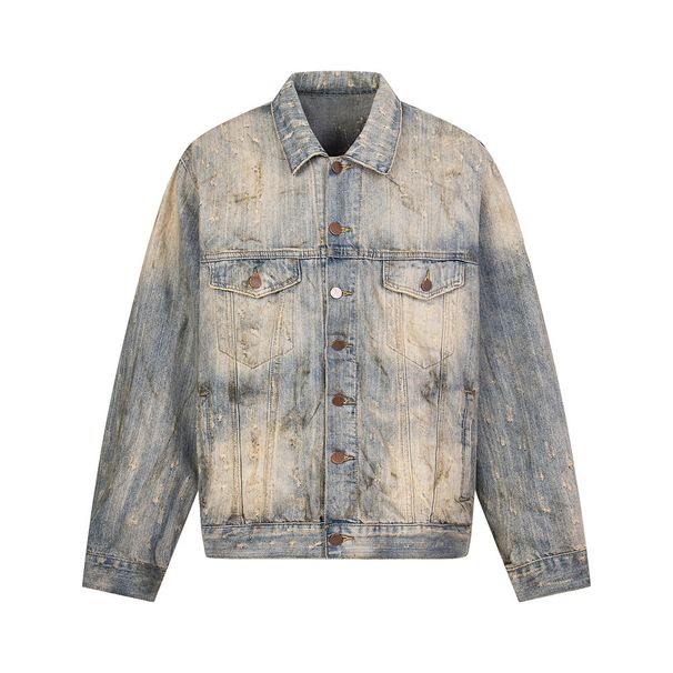 Heavy-Duty Distressed Rhinestone Denim Jacket Punk Wasteland Washed Vintage Dirty Dyed Loose Turn-Down Collar Coat Men's_voghion.com