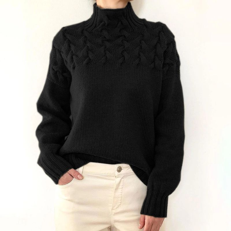 Damenmode-Rollkragenpullover mit Zopfmuster und langen Ärmeln_voghion.com