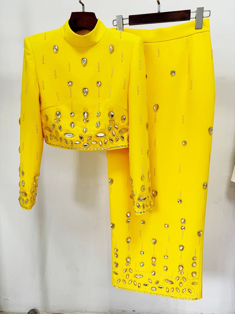 HIGH STREET Il più nuovo 2024 Designer Runway Suit Set Colletto alla coreana Zip posteriore Top corto Gonna lunga Set 2 pezzi_voghion.com